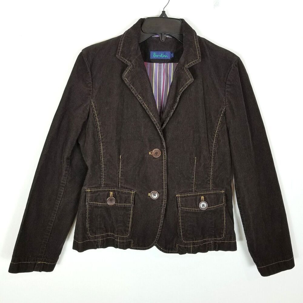 Boden Women Tailored Cotton Cord Semi Fitted Blazer Jacket US 10 Brown Preppy